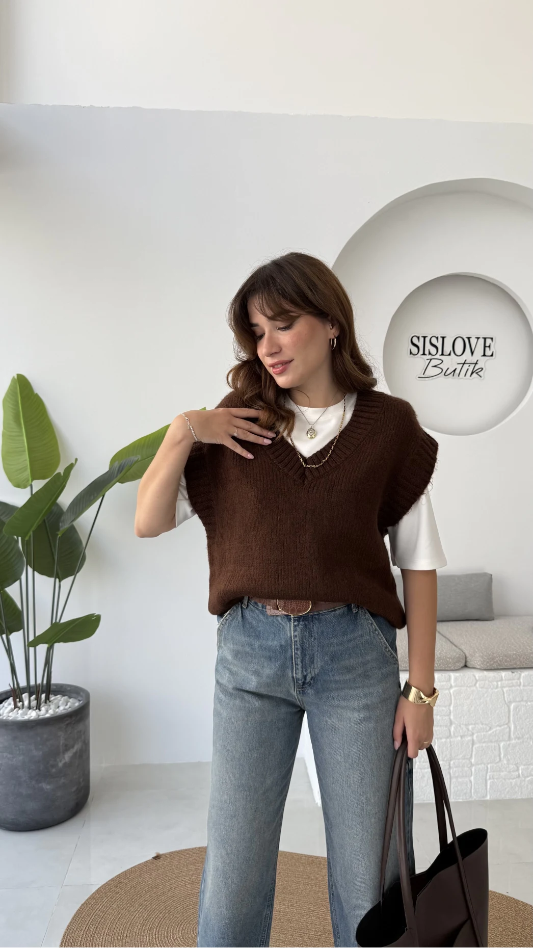 Daisy V Yaka Süveter - Kahve - Kod: 04583