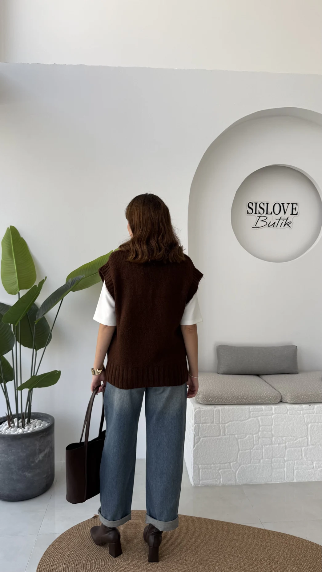 Daisy V Yaka Süveter - Kahve - Kod: 04583