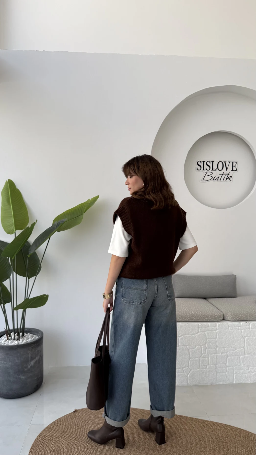 Daisy V Yaka Süveter - Kahve - Kod: 04583