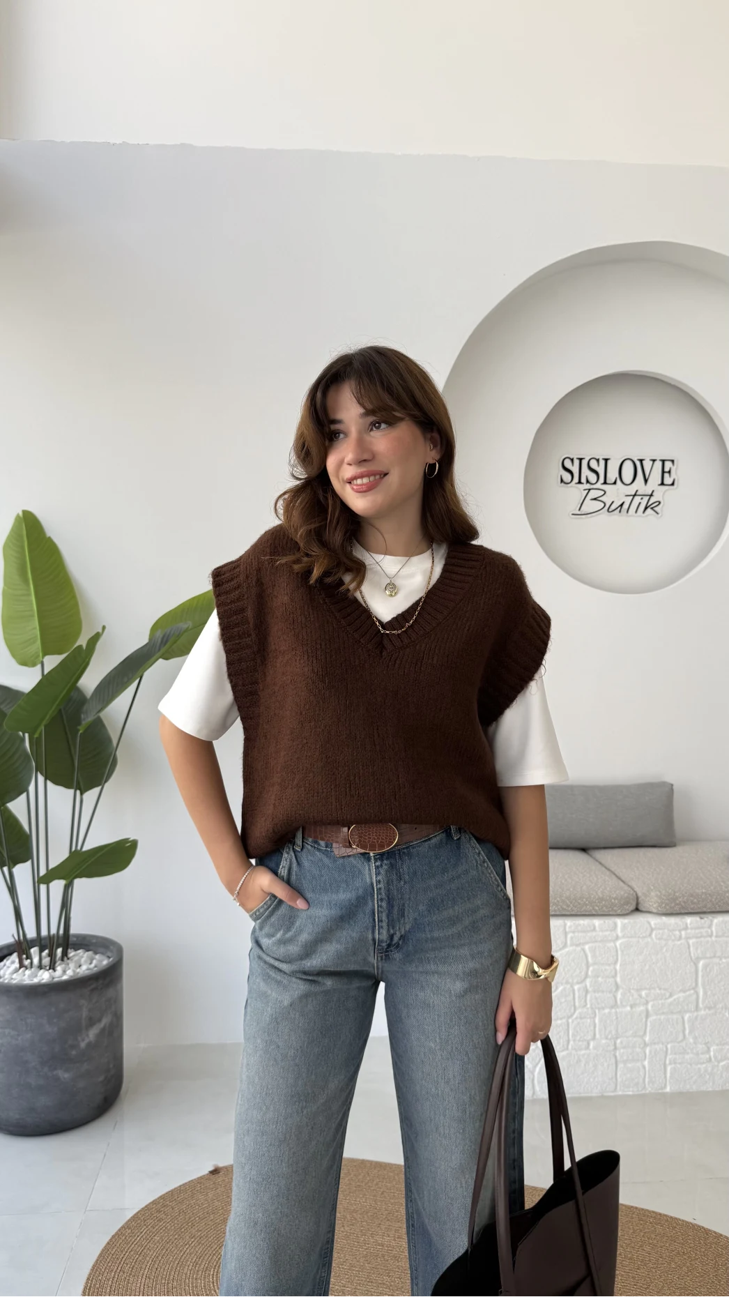 Daisy V Yaka Süveter - Kahve - Kod: 04583