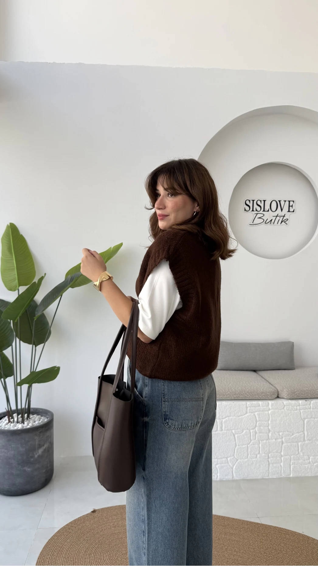 Daisy V Yaka Süveter - Kahve - Kod: 04583