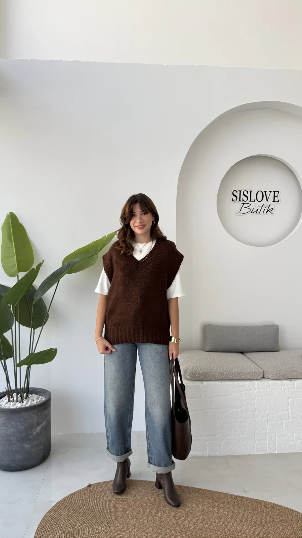 Daisy V Yaka Süveter - Kahve - Kod: 04583