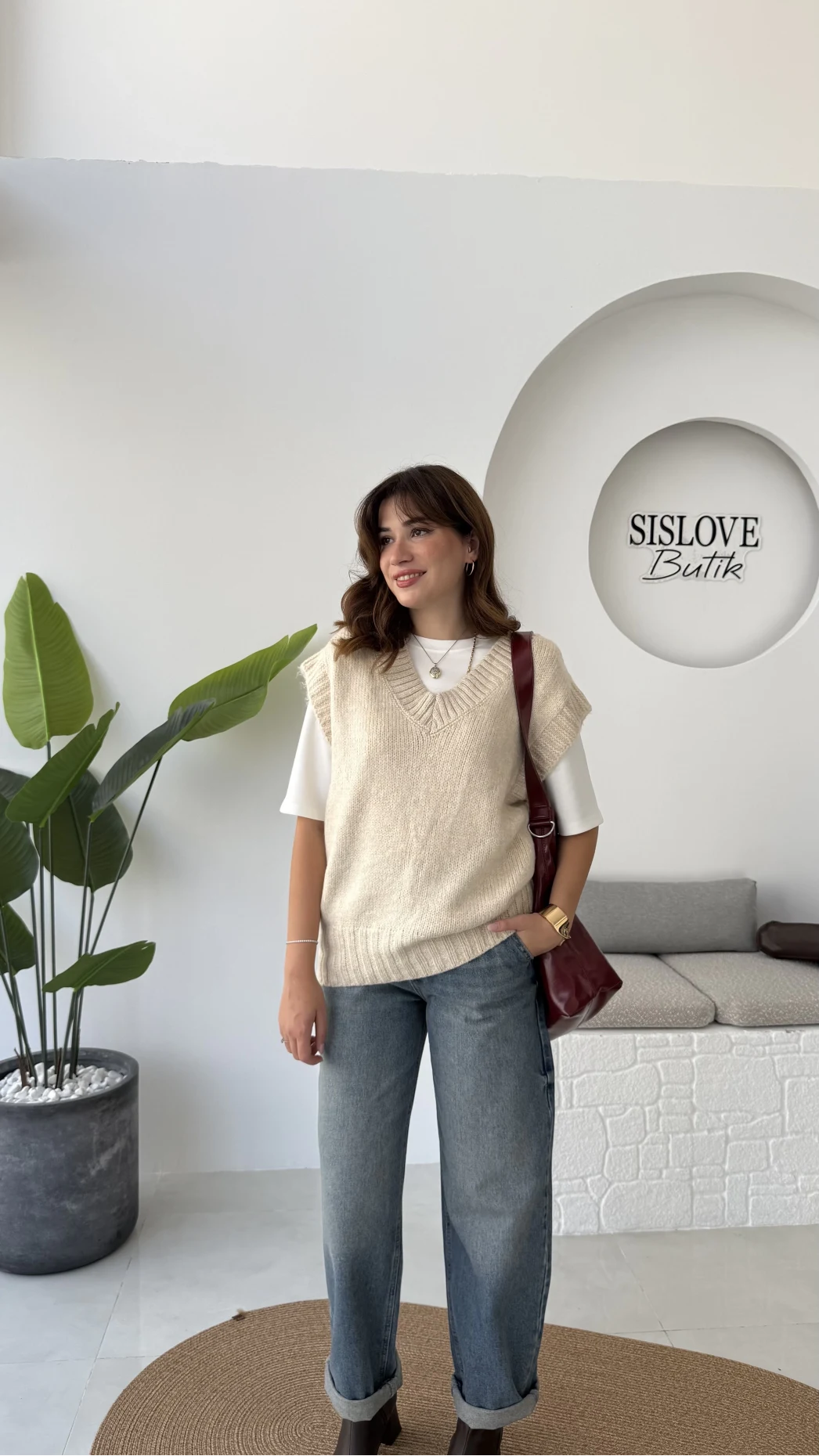 Daisy V Yaka Süveter - Taş - Kod: 04583