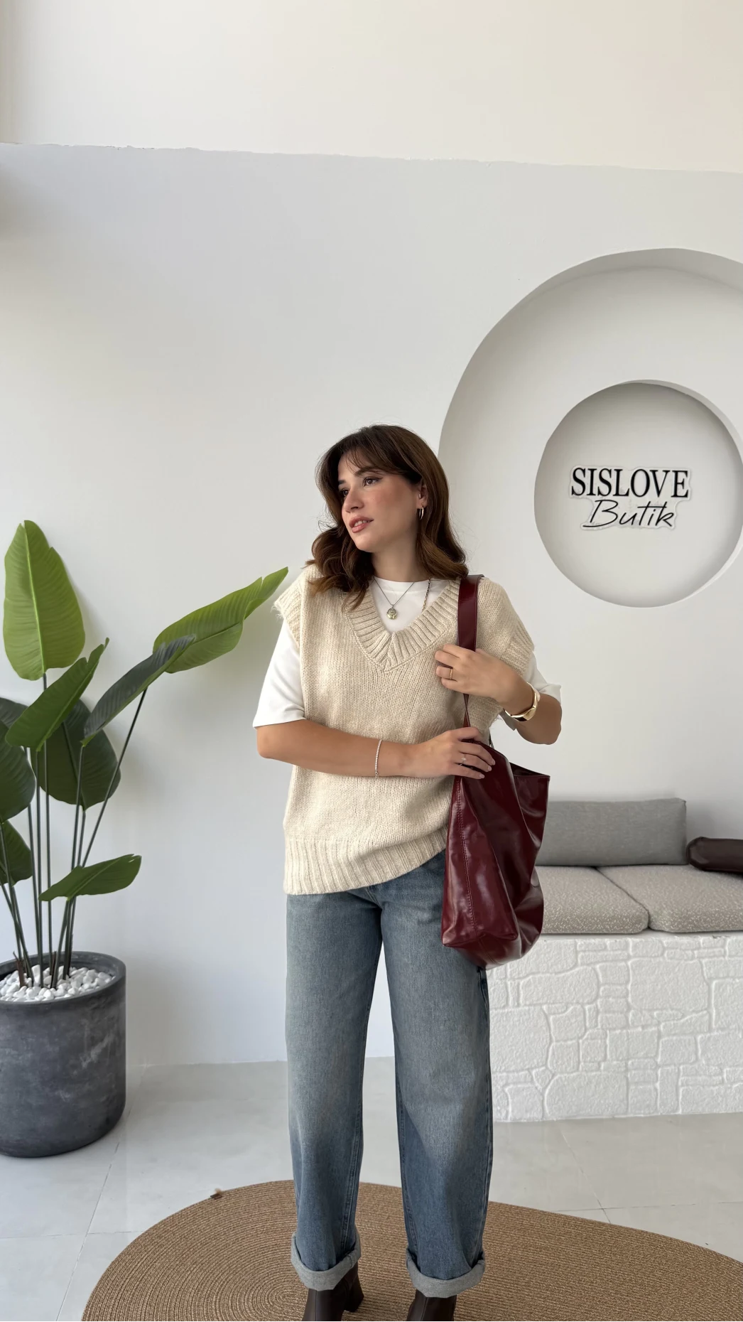 Daisy V Yaka Süveter - Taş - Kod: 04583