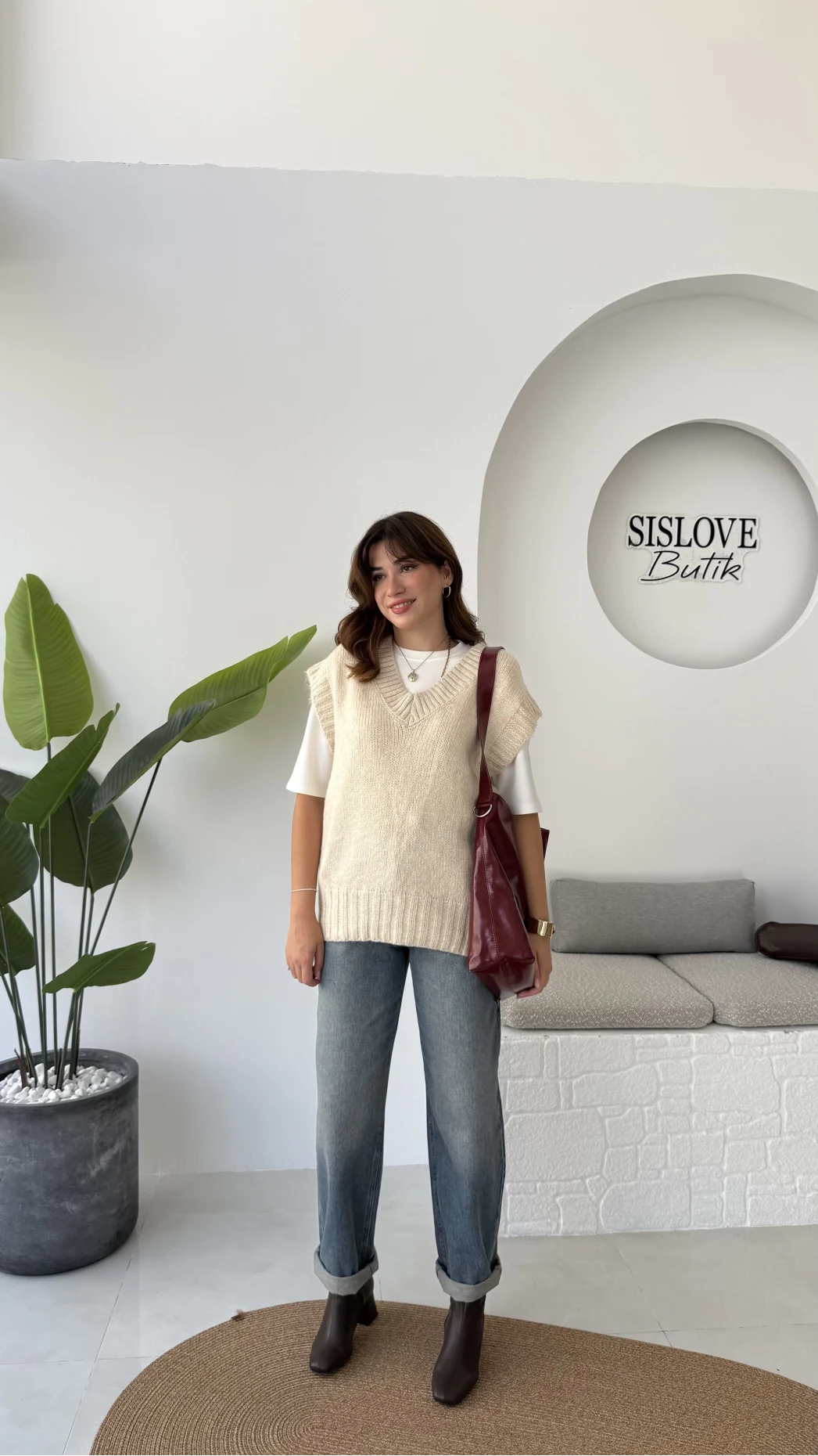 Daisy V Yaka Süveter - Taş - Kod: 04583