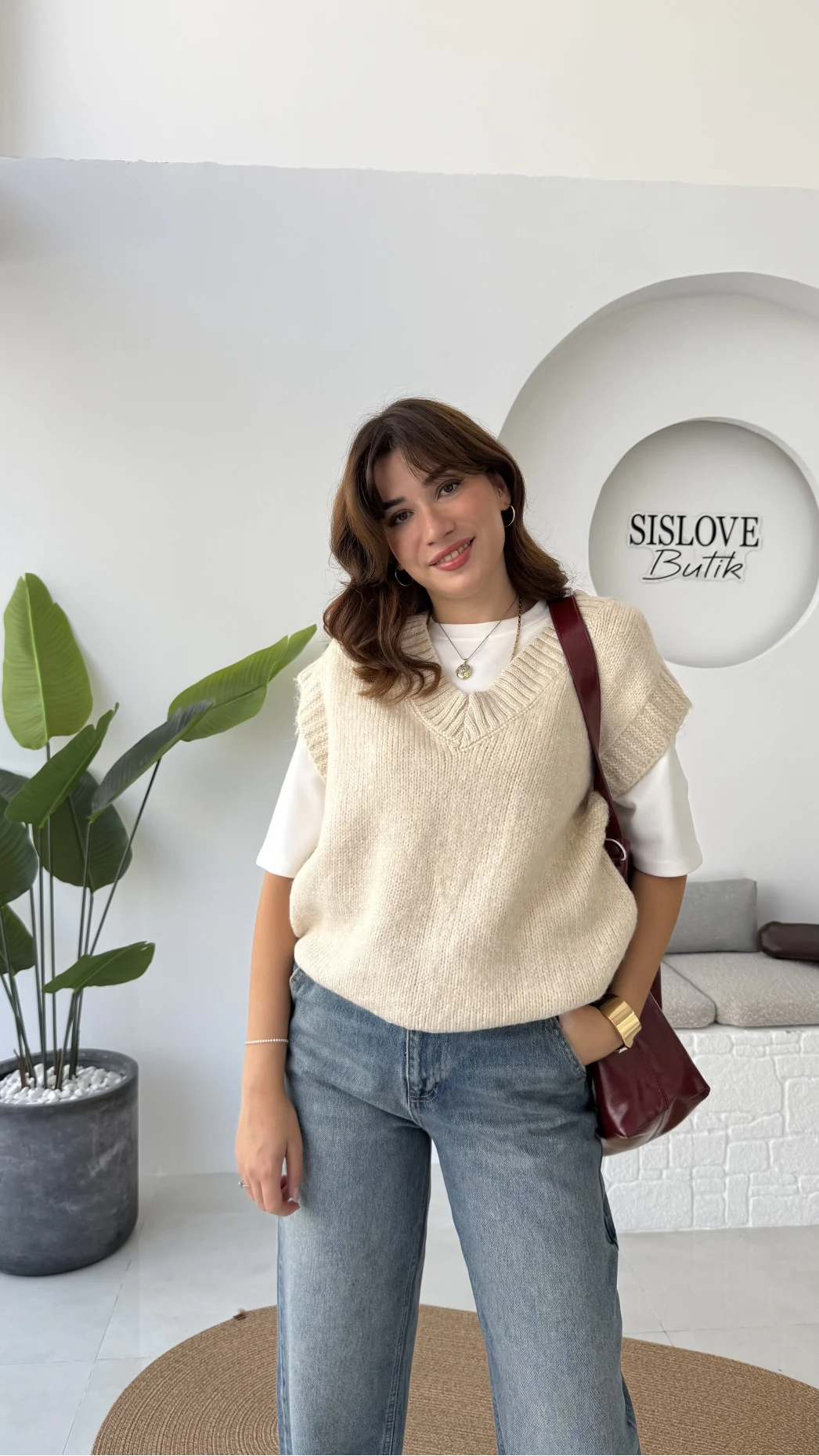 Daisy V Yaka Süveter - Taş - Kod: 04583