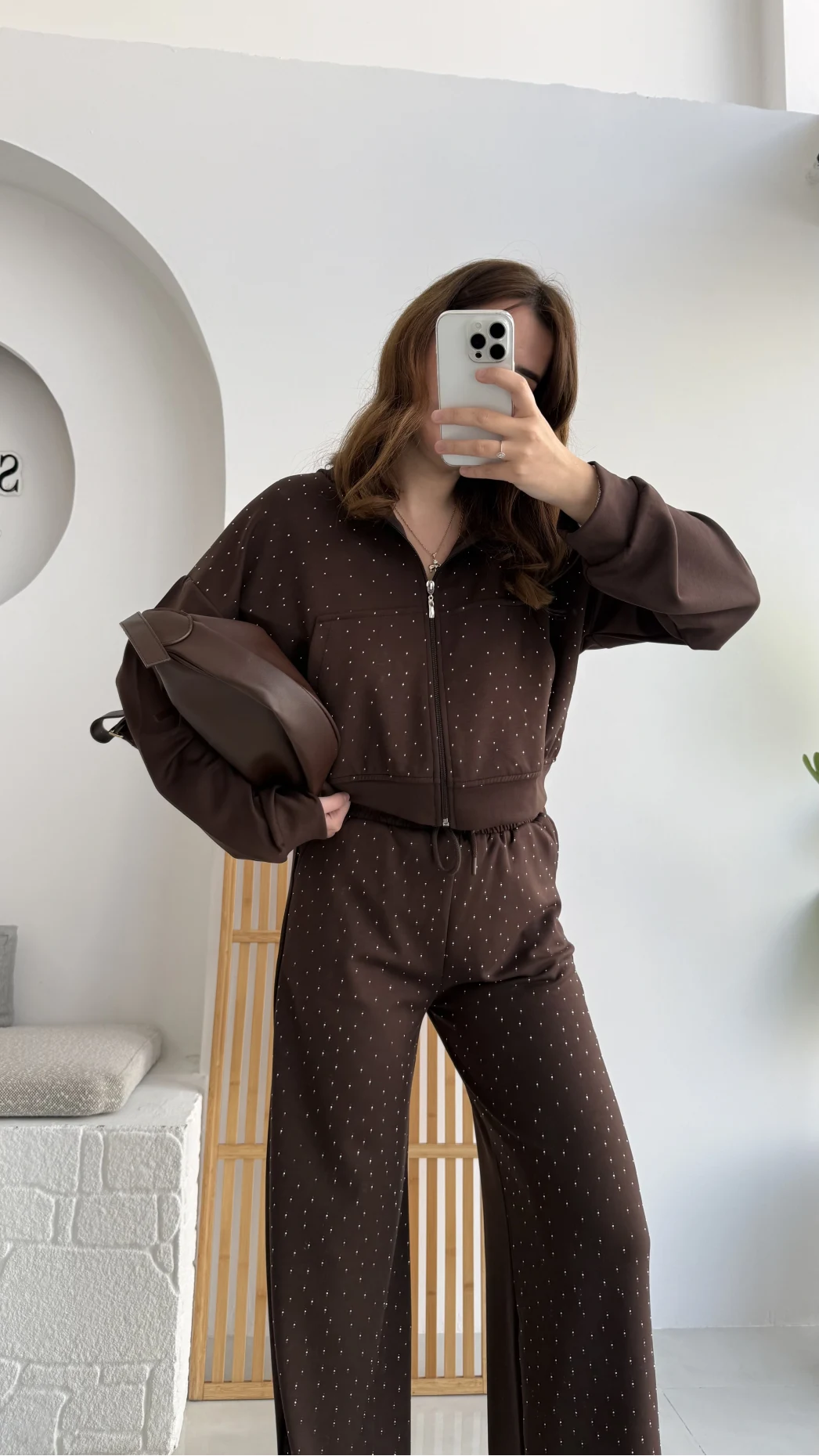 Dalia Taşlı Kapüşonlu Eşofman Takım - Acı Kahve