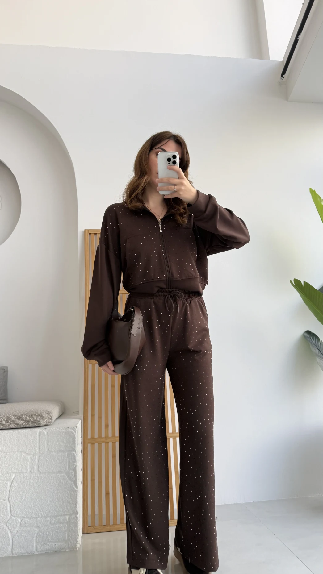 Dalia Taşlı Kapüşonlu Eşofman Takım - Acı Kahve