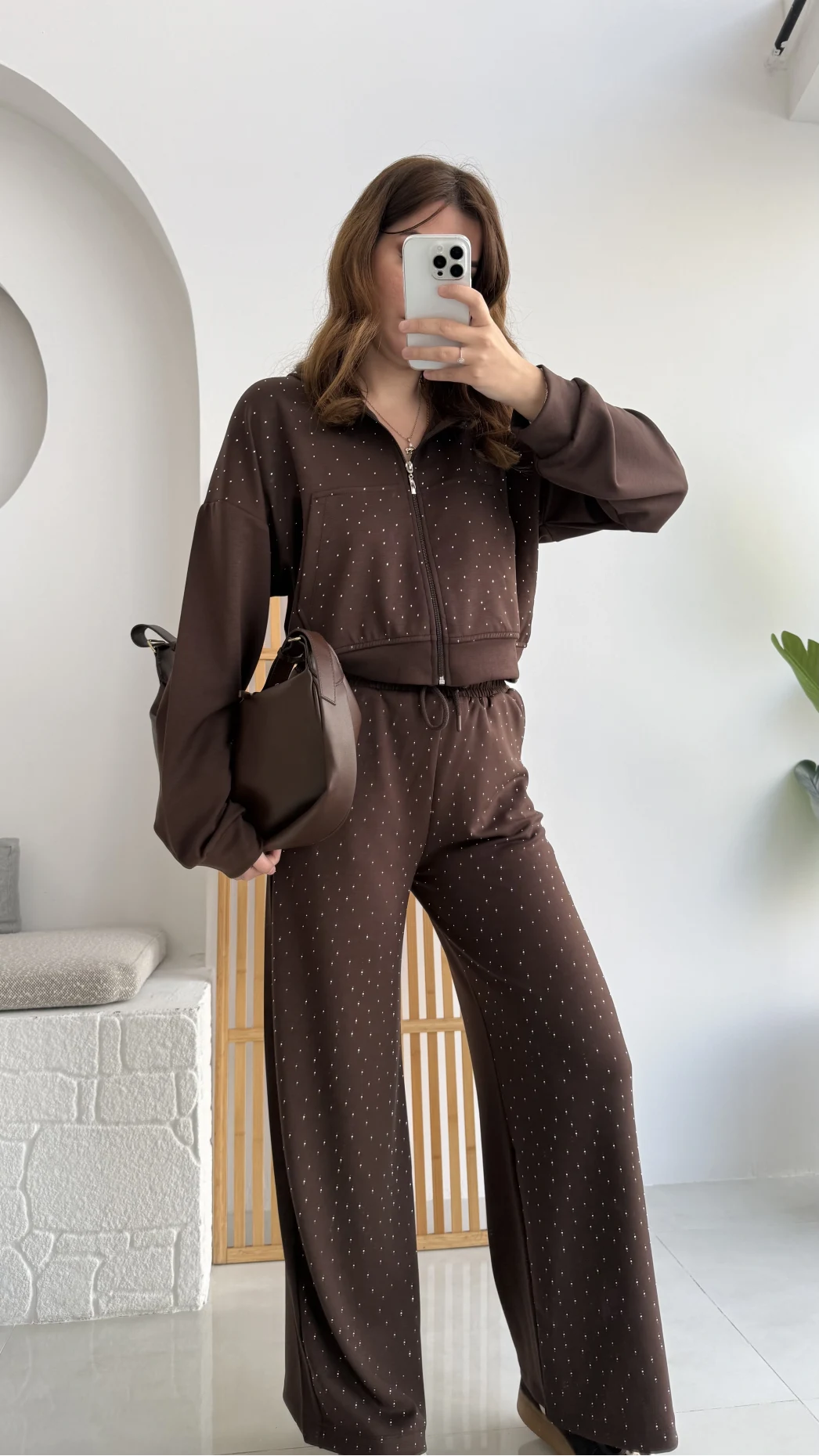 Dalia Taşlı Kapüşonlu Eşofman Takım - Acı Kahve