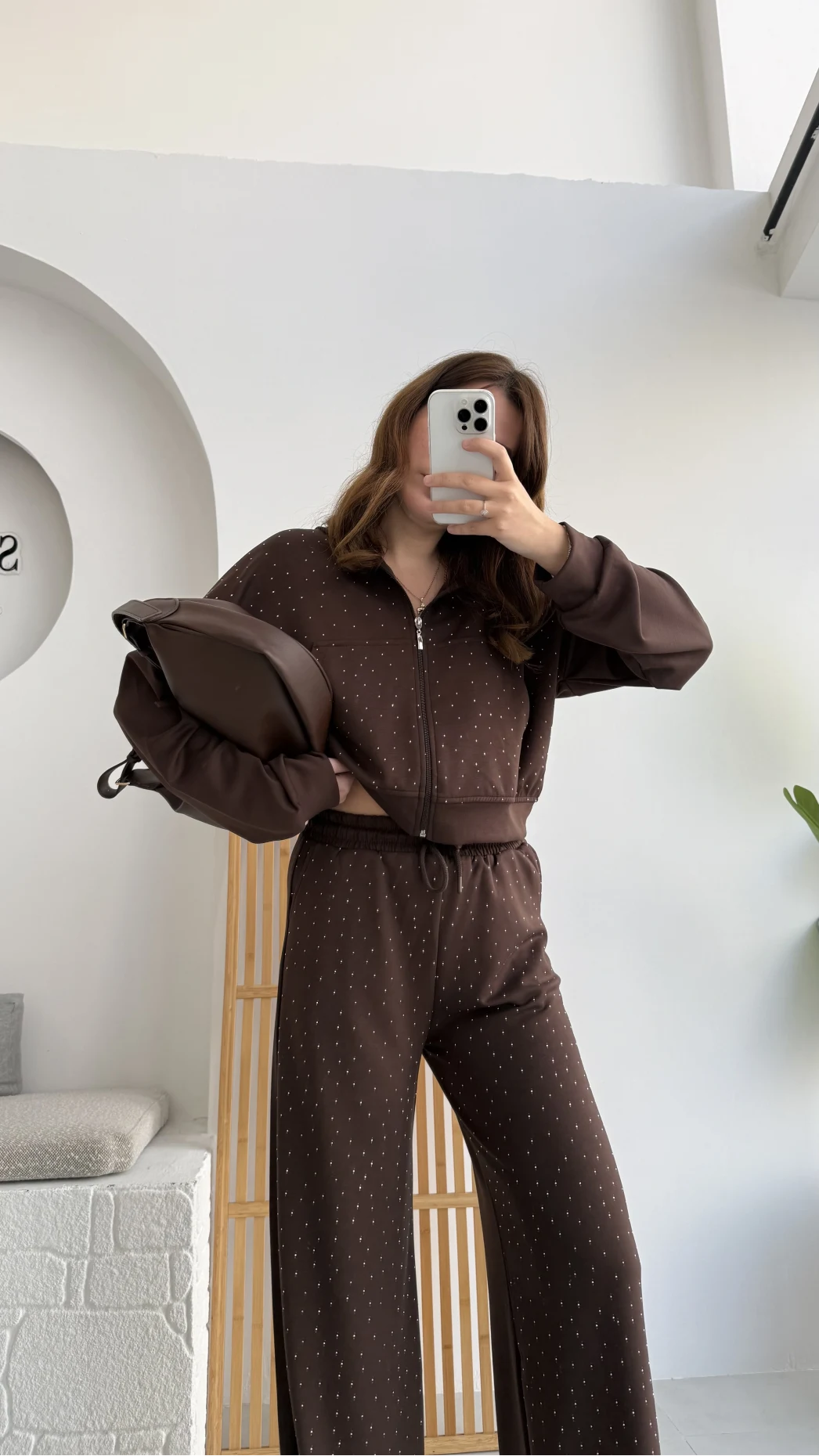 Dalia Taşlı Kapüşonlu Eşofman Takım - Acı Kahve