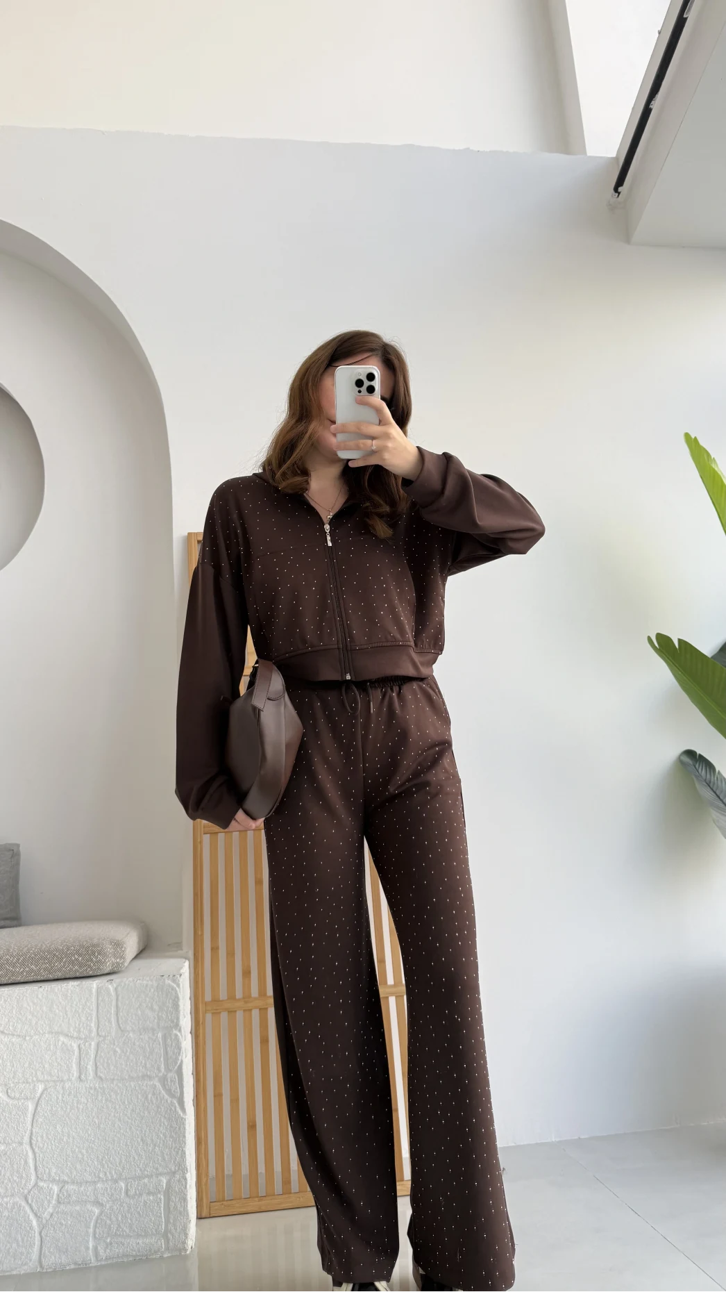 Dalia Taşlı Kapüşonlu Eşofman Takım - Acı Kahve