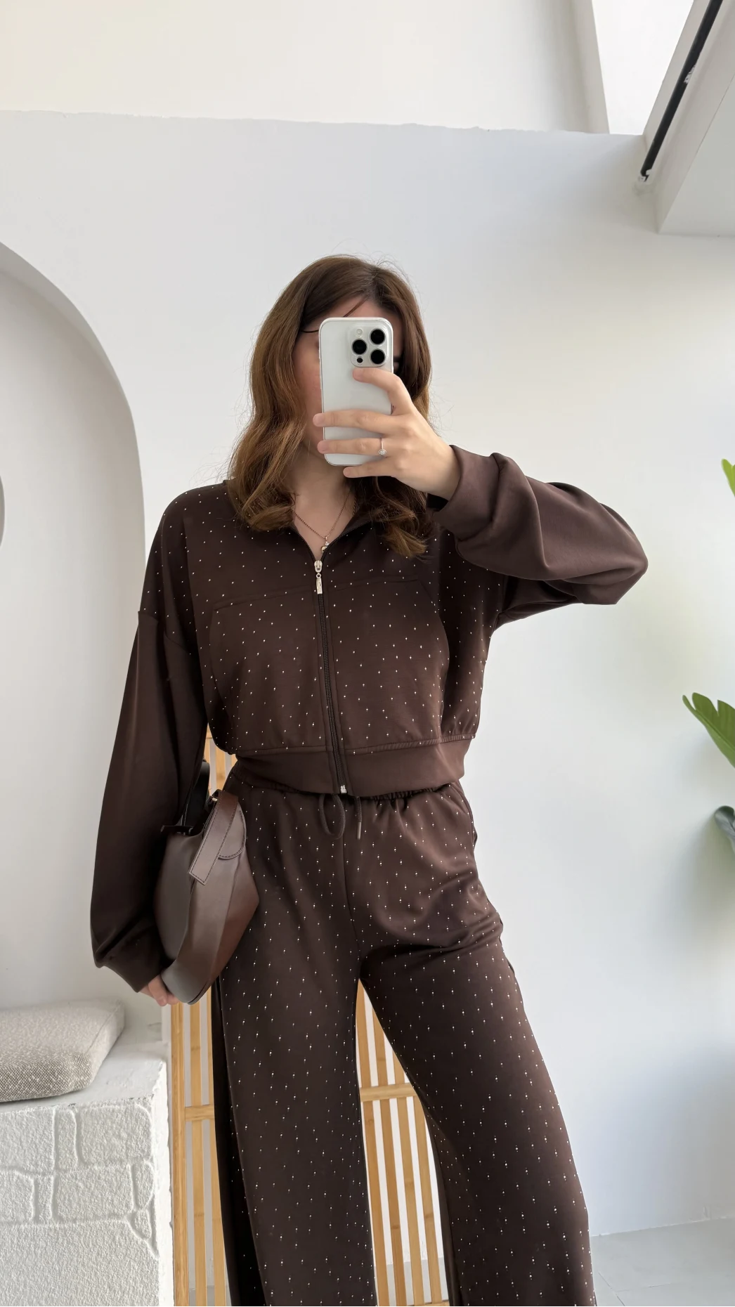 Dalia Taşlı Kapüşonlu Eşofman Takım - Acı Kahve