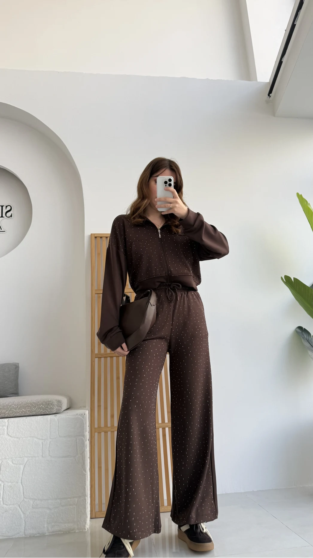 Dalia Taşlı Kapüşonlu Eşofman Takım - Acı Kahve