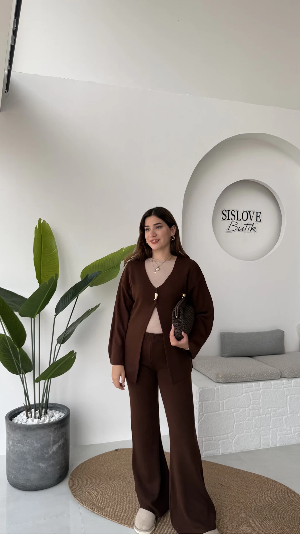 Damla Düğmeli Triko Takım - Kahverengi