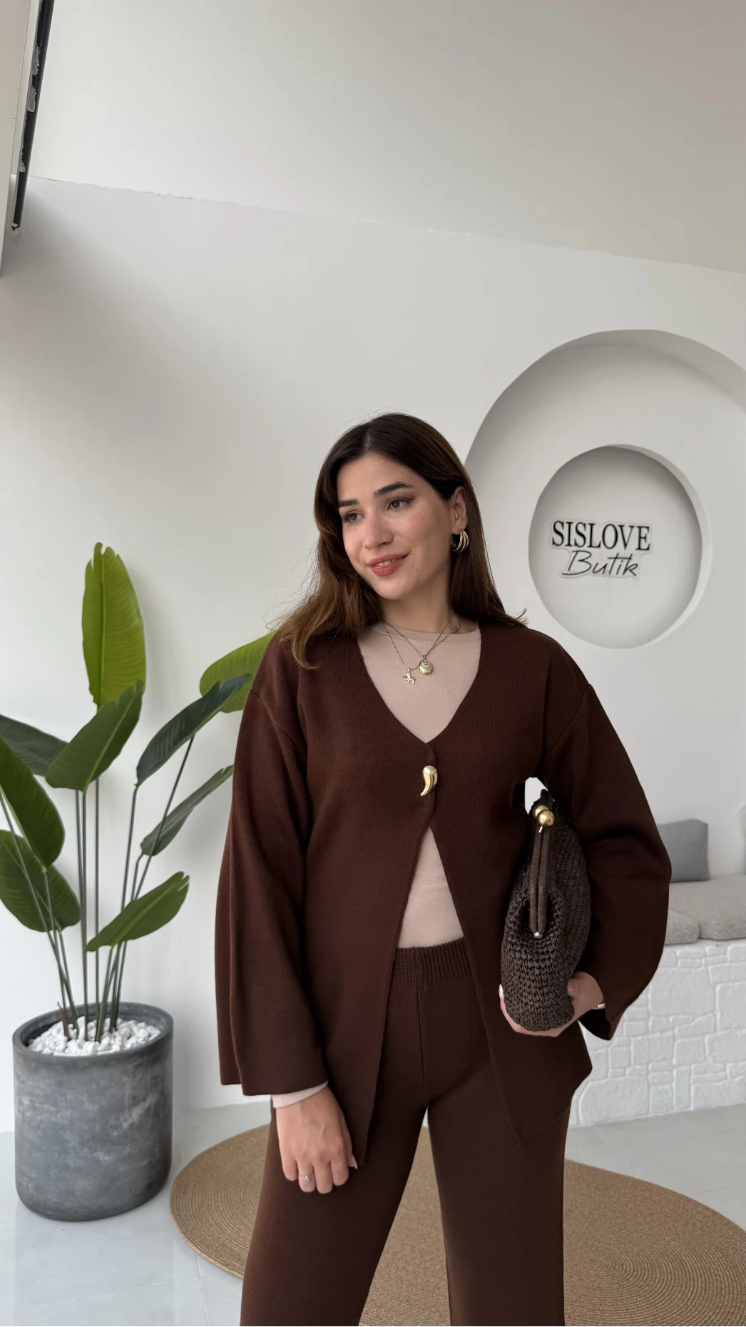 Damla Düğmeli Triko Takım - Kahverengi