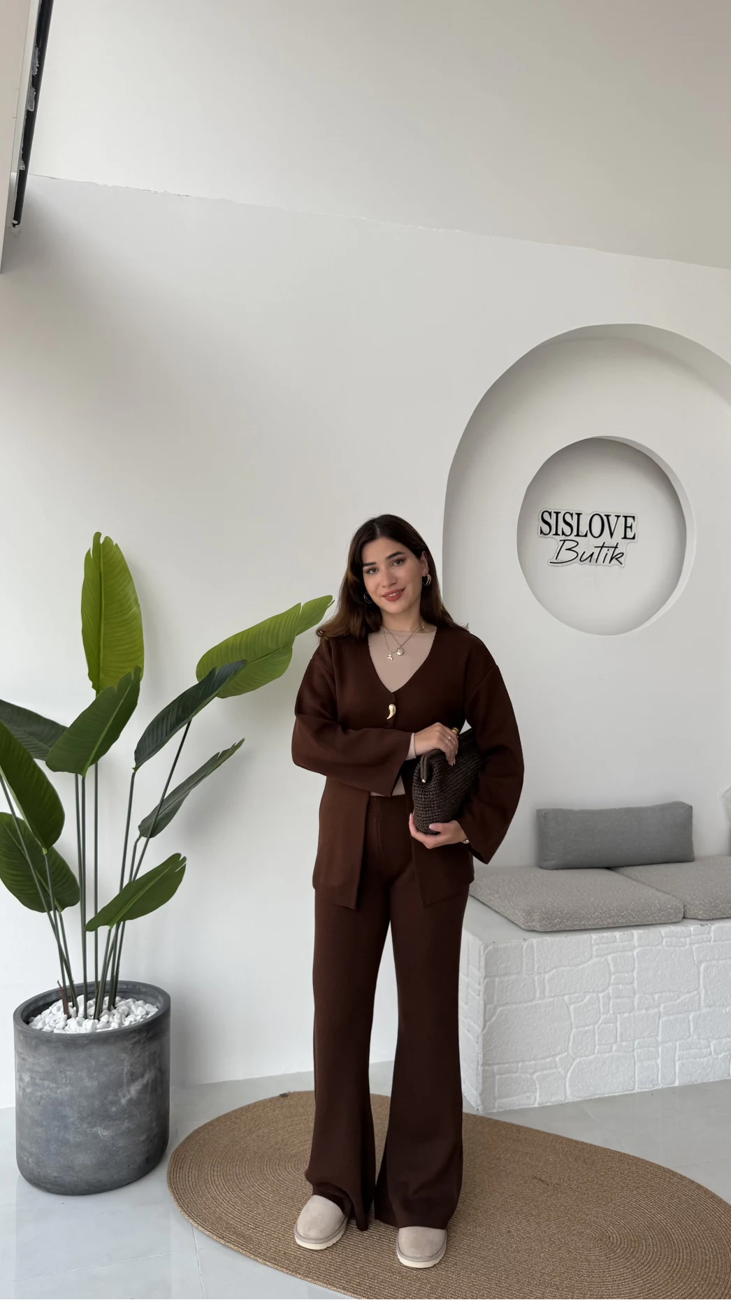 Damla Düğmeli Triko Takım - Kahverengi