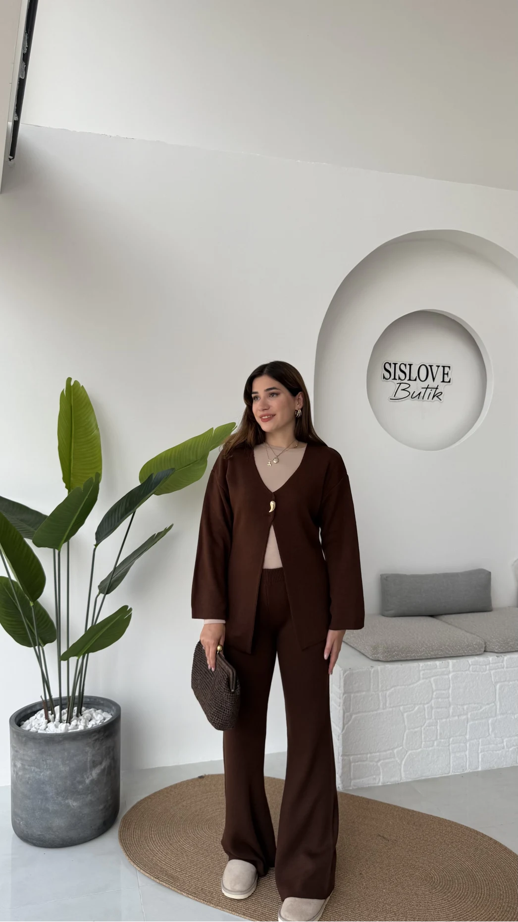 Damla Düğmeli Triko Takım - Kahverengi