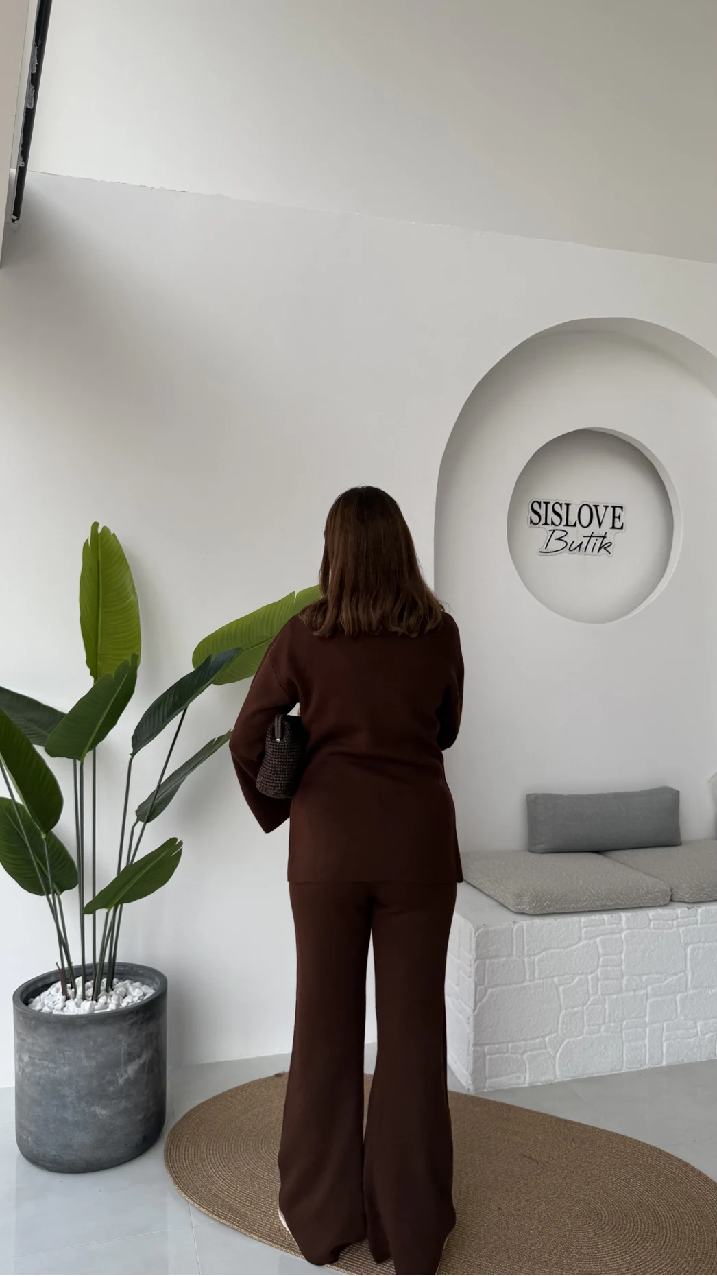 Damla Düğmeli Triko Takım - Kahverengi