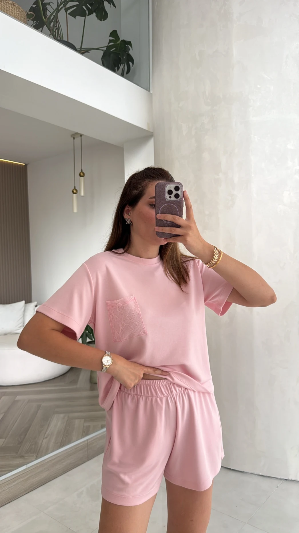 Dantel Cepli Şortlu Takım - Pembe - Kod: 4138