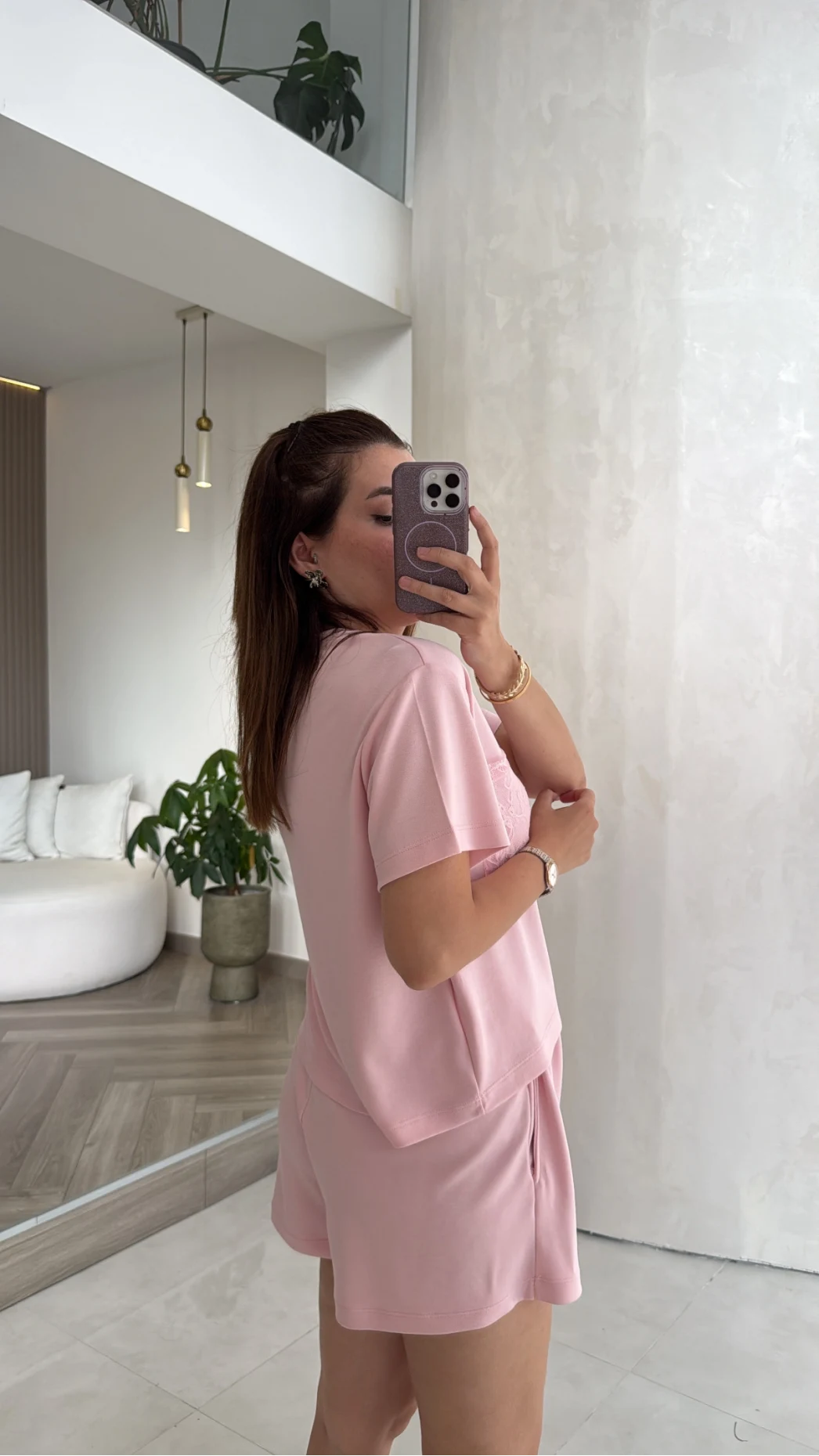 Dantel Cepli Şortlu Takım - Pembe - Kod: 4138