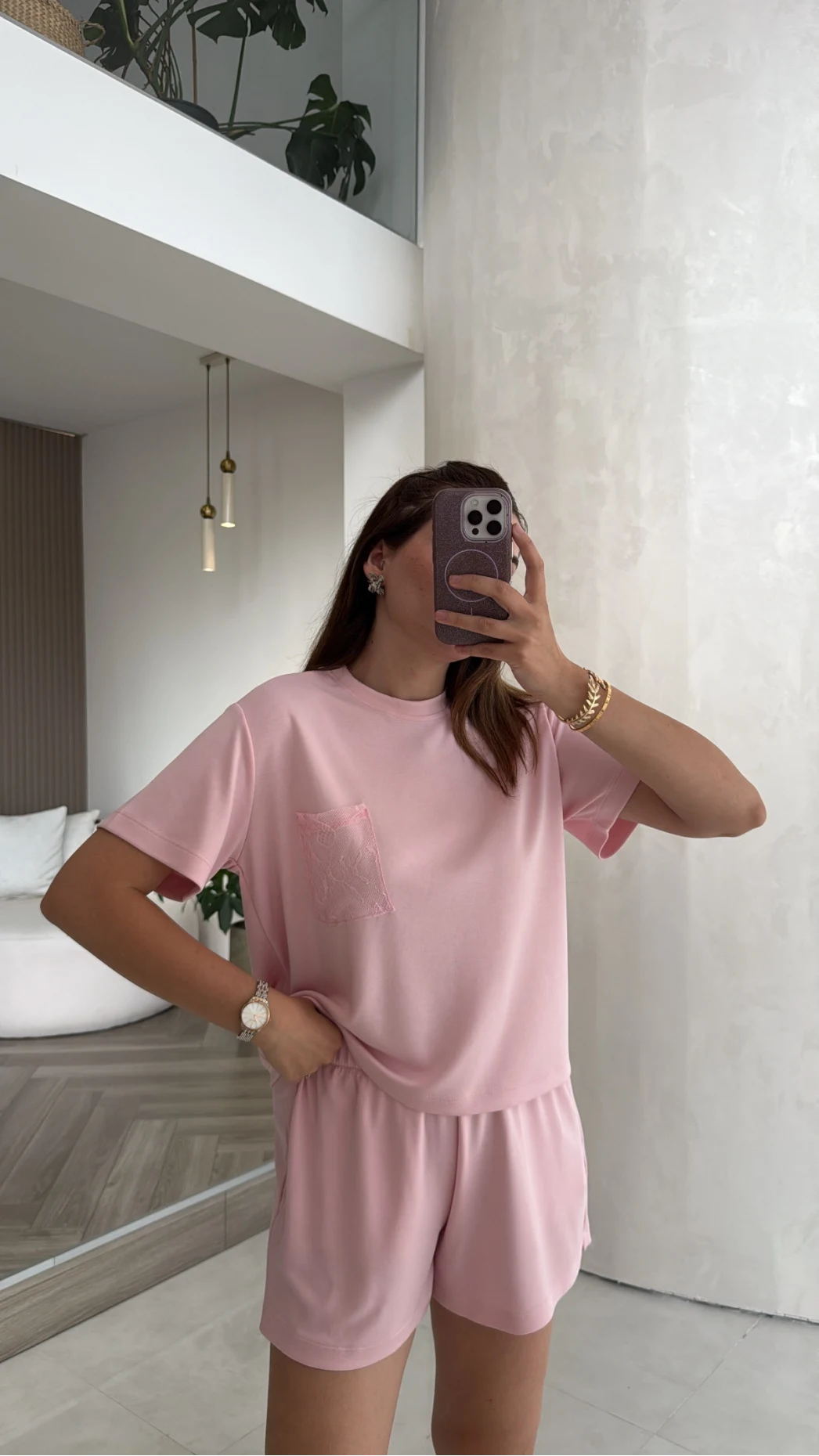 Dantel Cepli Şortlu Takım - Pembe - Kod: 4138