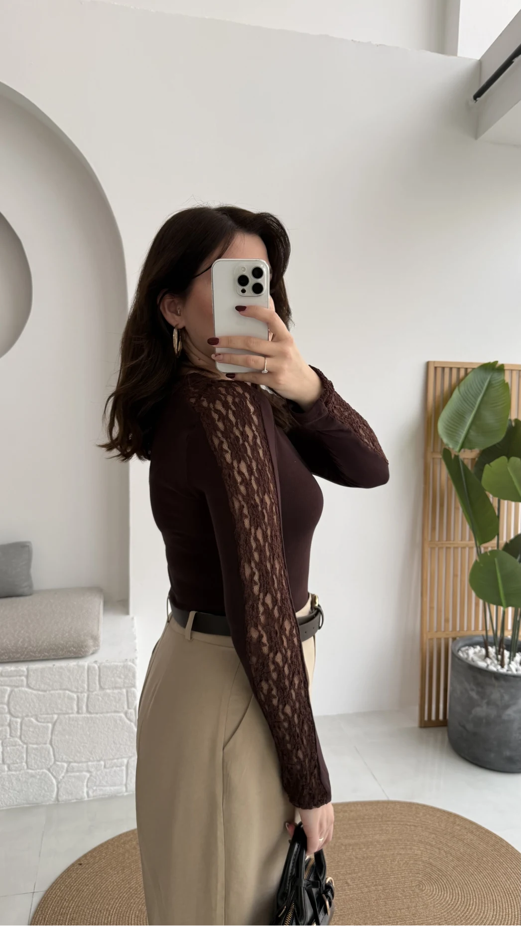 Dantel Detay Parmak Geçmeli Body - Acı Kahve