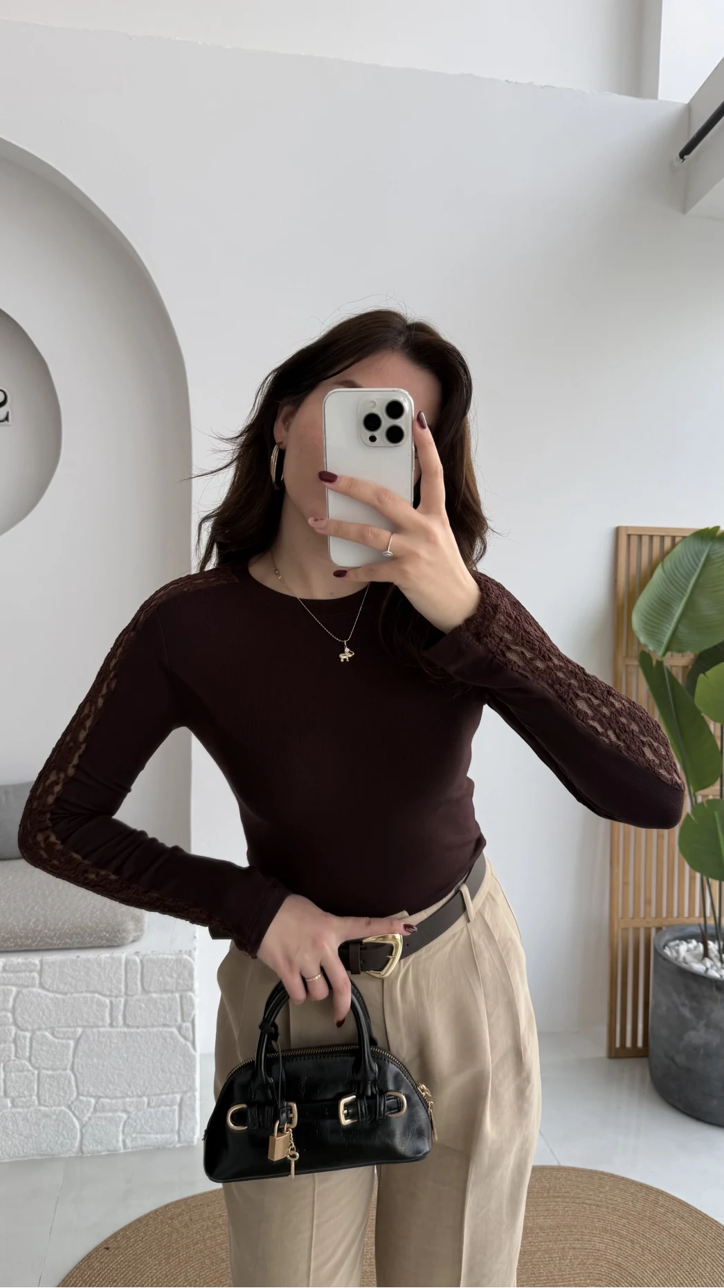 Dantel Detay Parmak Geçmeli Body - Acı Kahve