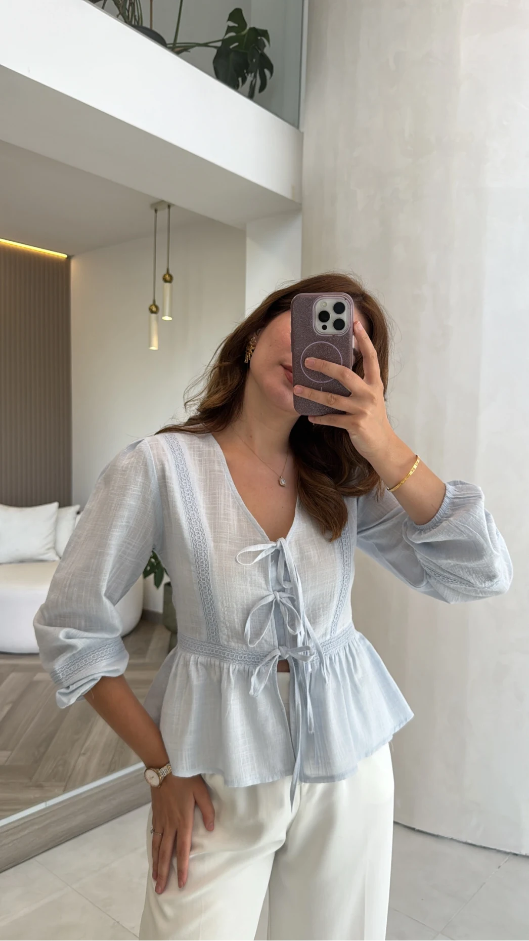 Dantel Şerit Detay Bağlamalı Gömlek - Mavi - Kod: 1074