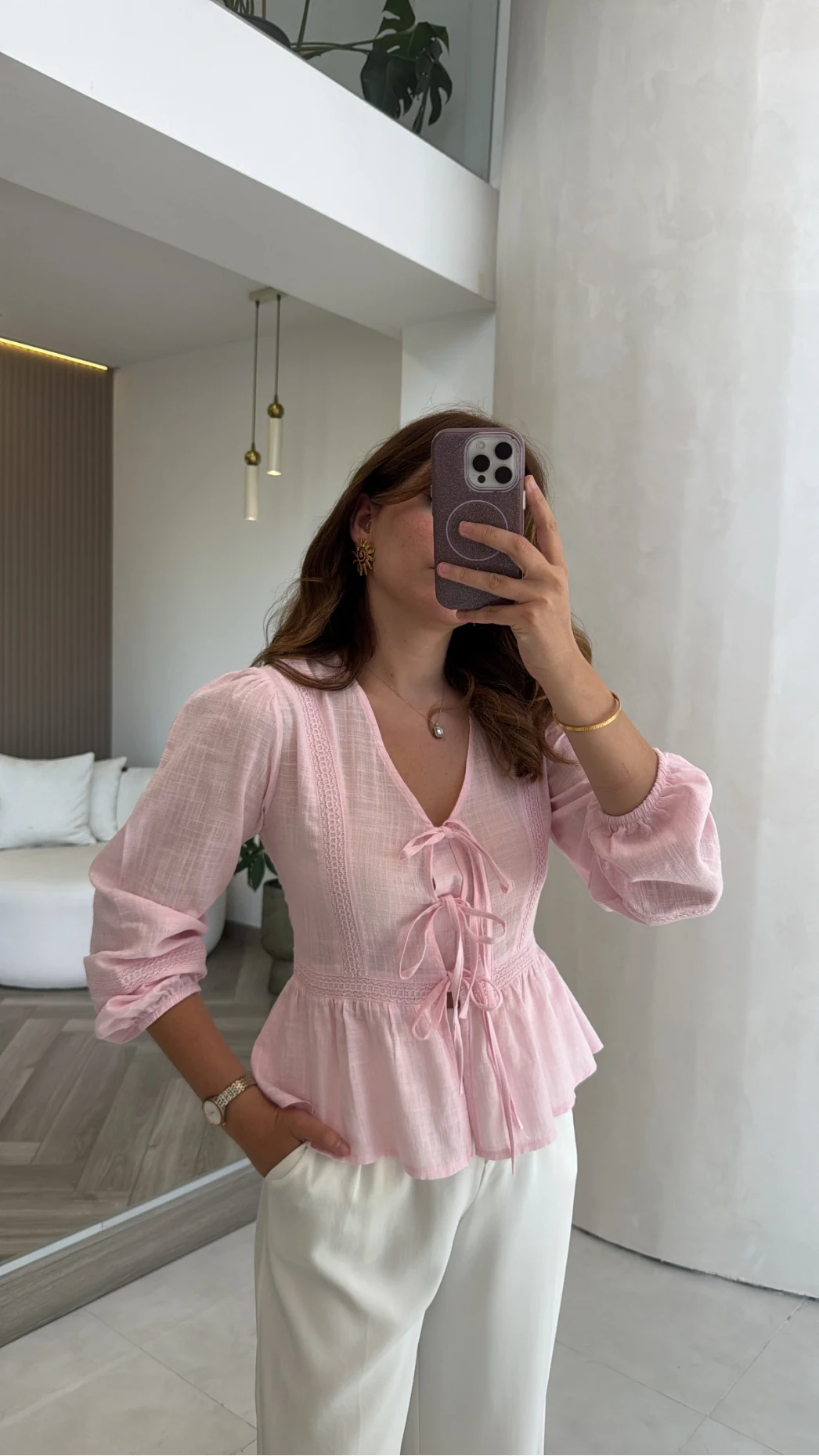 Dantel Şerit Detay Bağlamalı Gömlek - Pembe - Kod: 1074