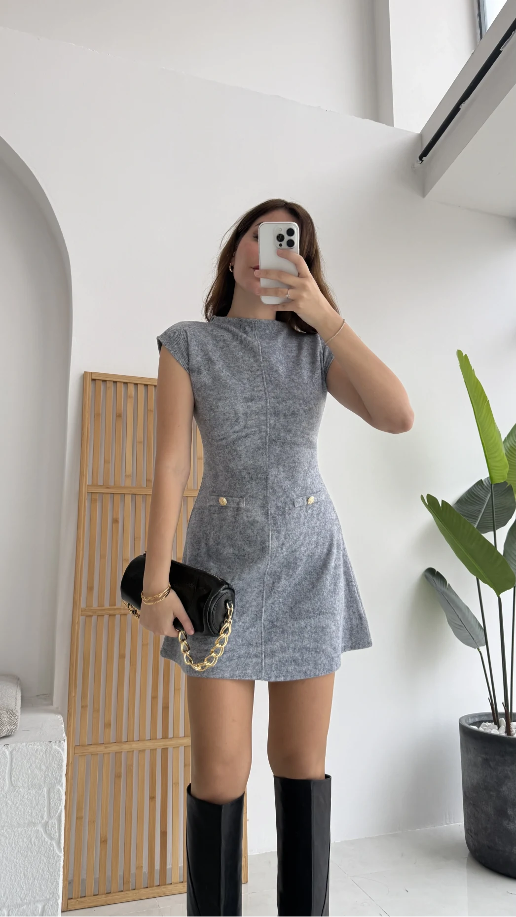 Darell Triko Kısa Elbise - Gri