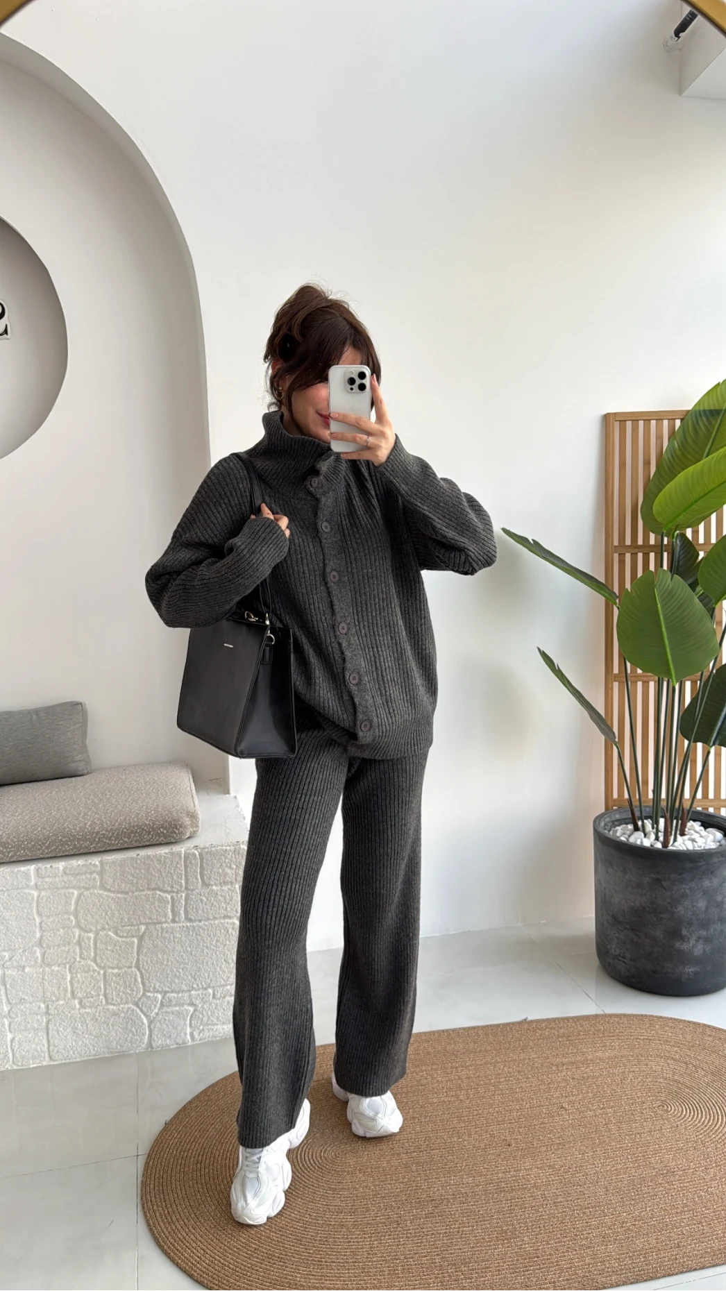 Delaney Boğazlı Triko Hırka Takım - Antrasit