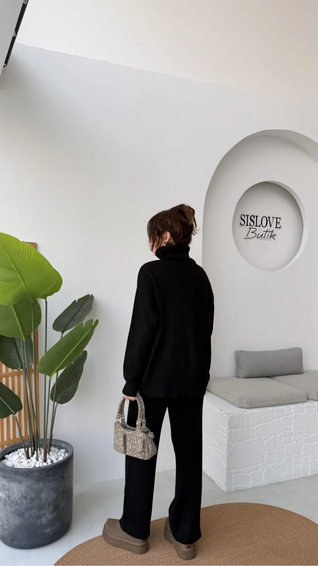 Delaney Boğazlı Triko Hırka Takım - Siyah