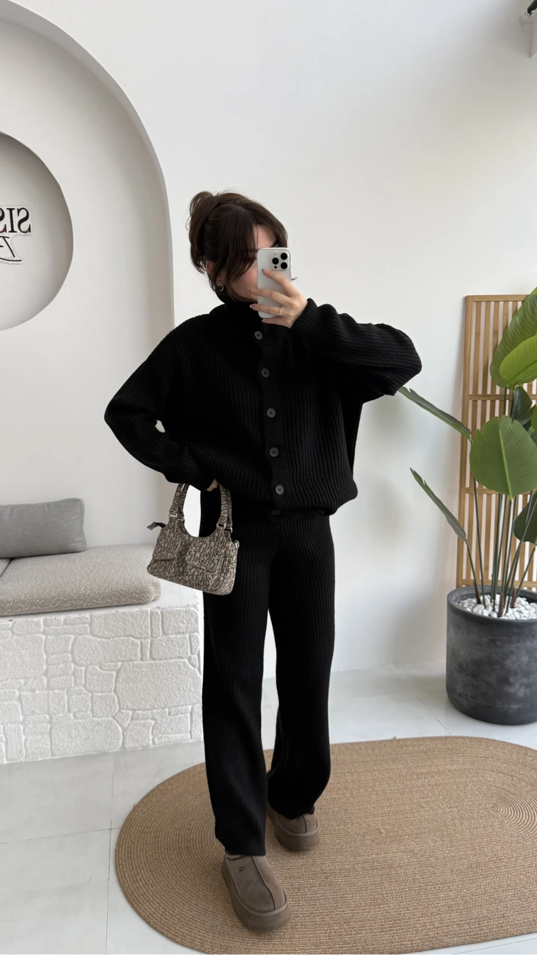 Delaney Boğazlı Triko Hırka Takım - Siyah