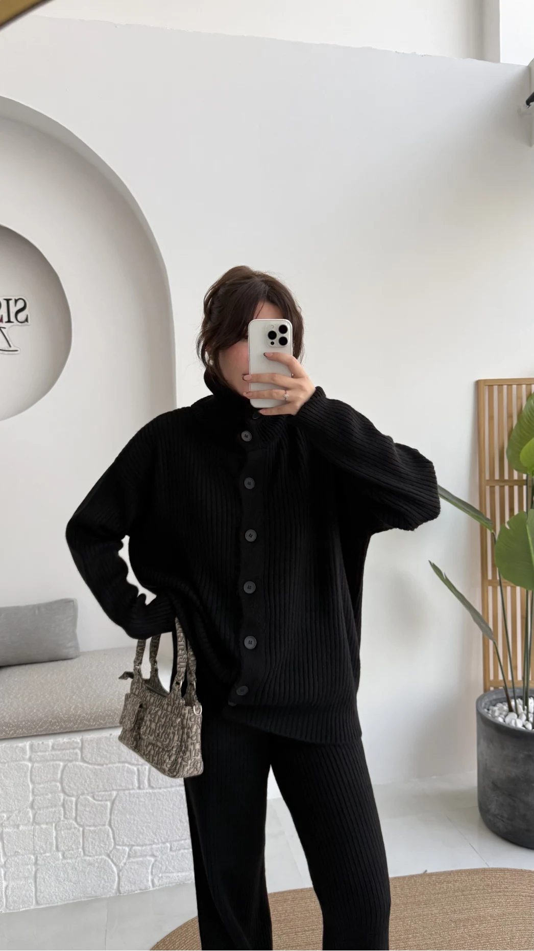 Delaney Boğazlı Triko Hırka Takım - Siyah