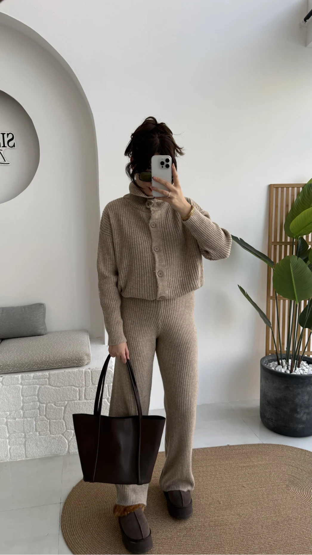 Delaney Boğazlı Triko Hırka Takım - Vizon