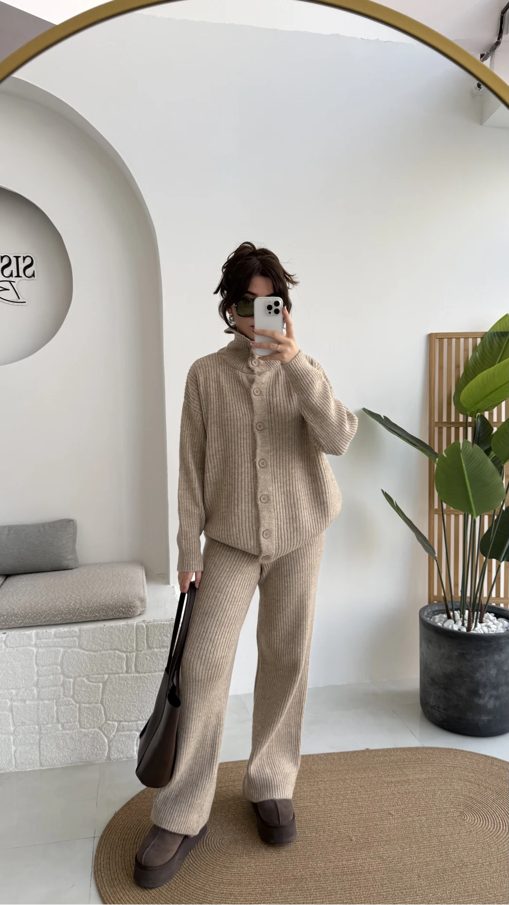 Delaney Boğazlı Triko Hırka Takım - Vizon