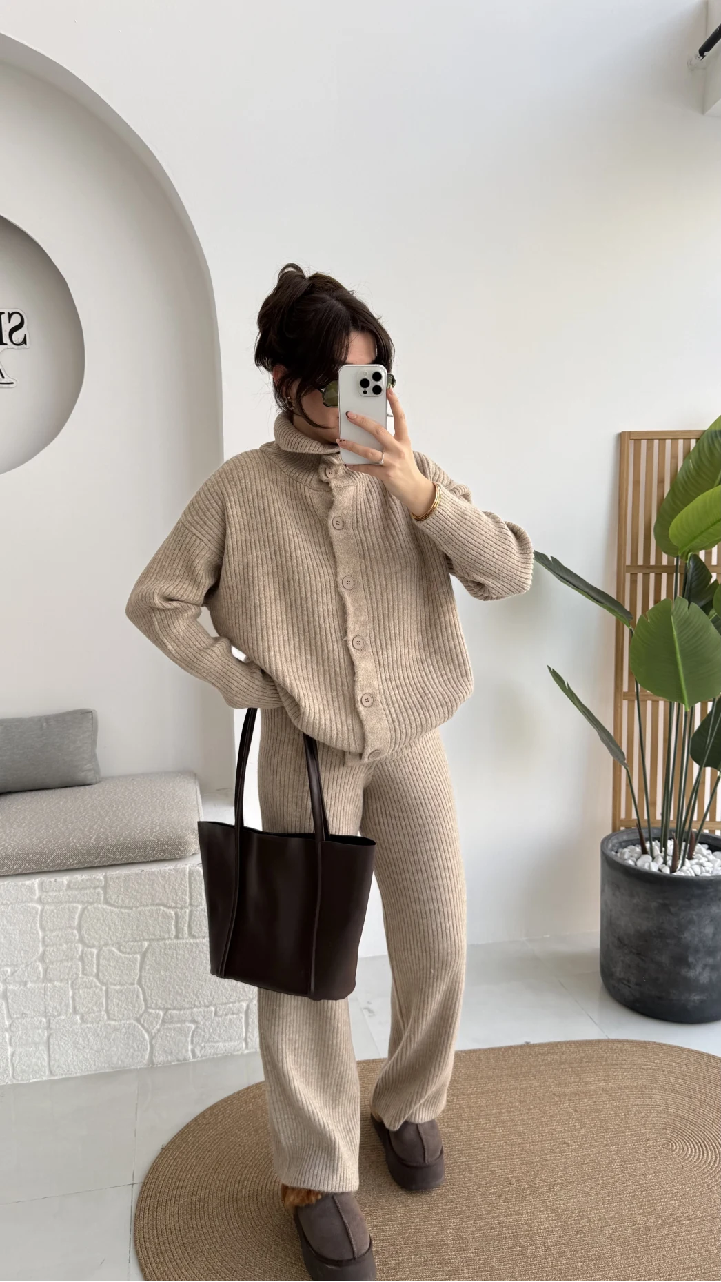 Delaney Boğazlı Triko Hırka Takım - Vizon