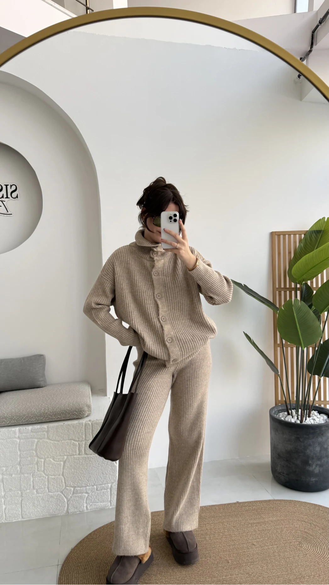 Delaney Boğazlı Triko Hırka Takım - Vizon