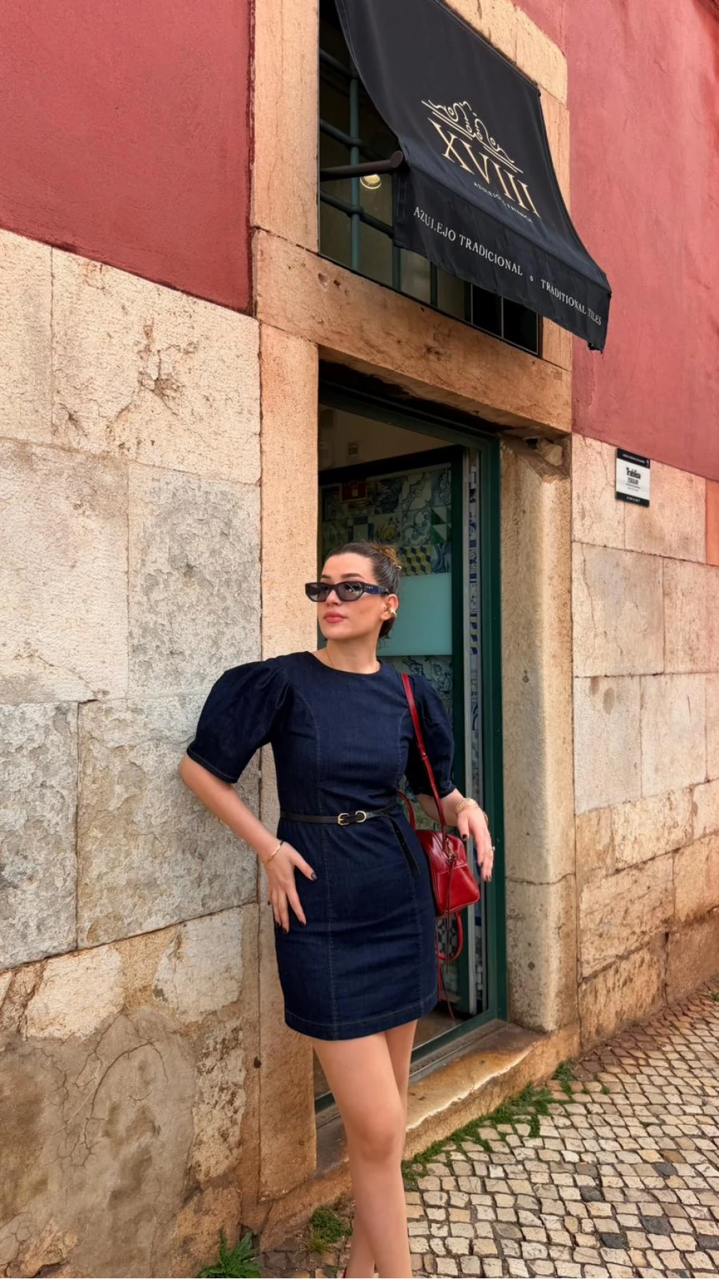 Denim Balon Kol Mini Elbise - Lacivert