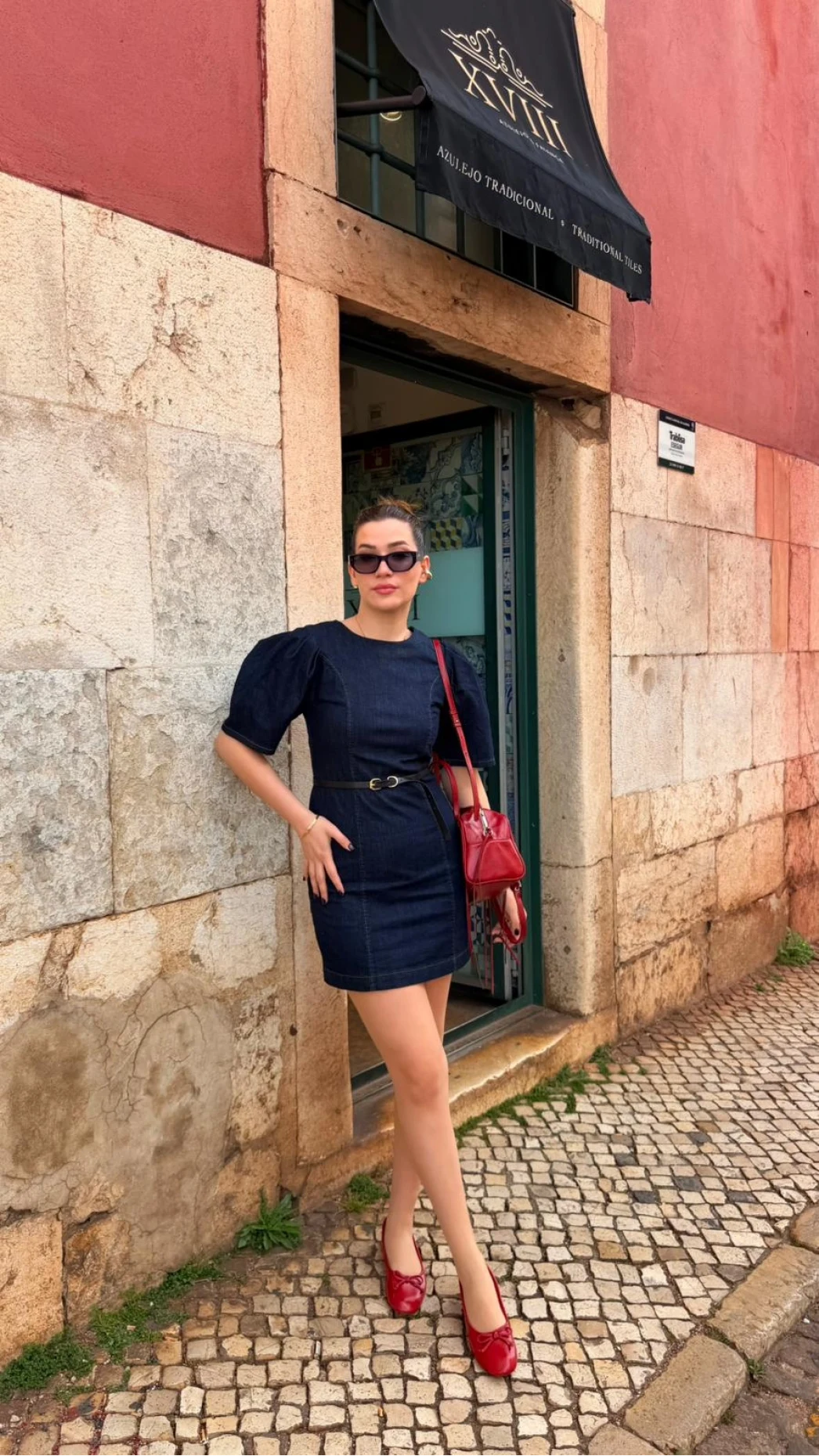 Denim Balon Kol Mini Elbise - Lacivert