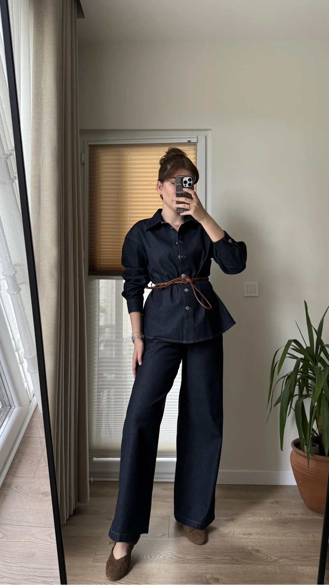 Denim Deri Kuşaklı Takım