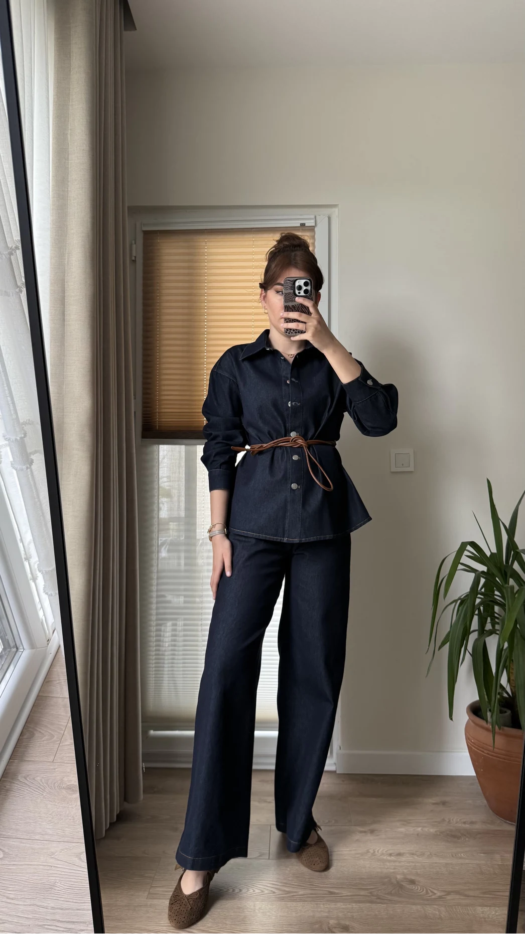 Denim Deri Kuşaklı Takım