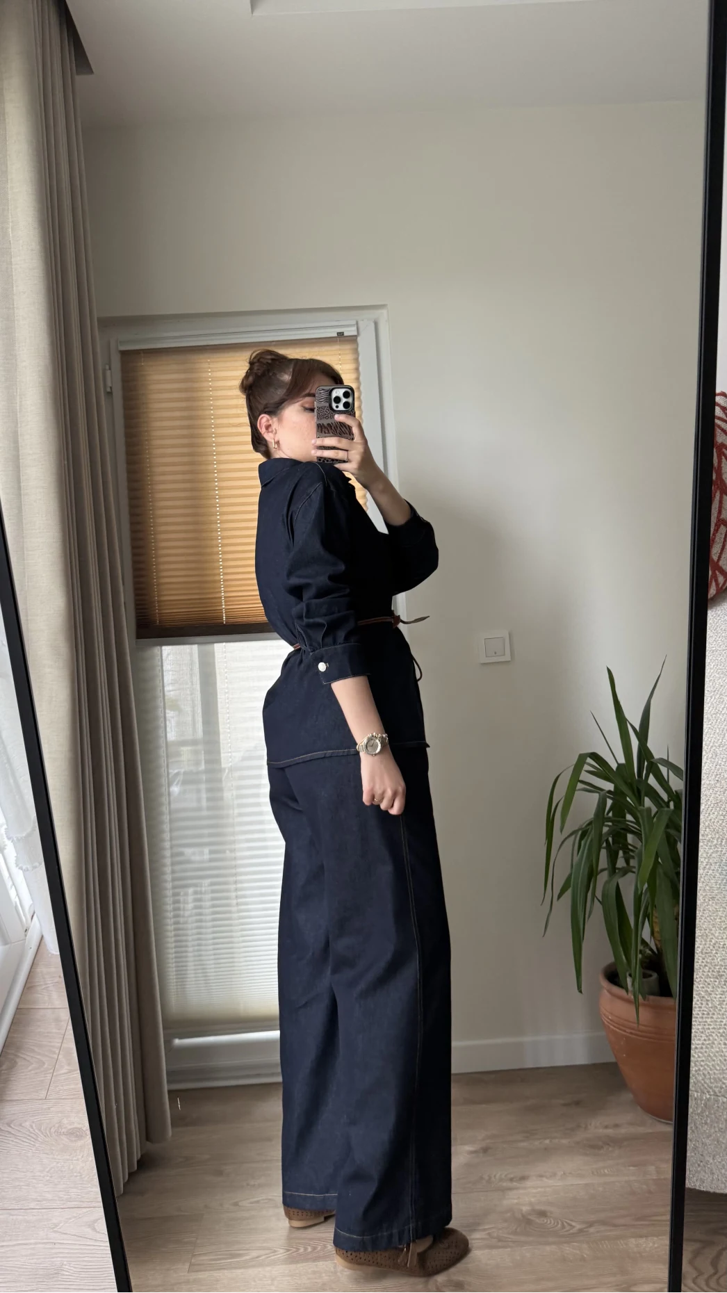 Denim Deri Kuşaklı Takım