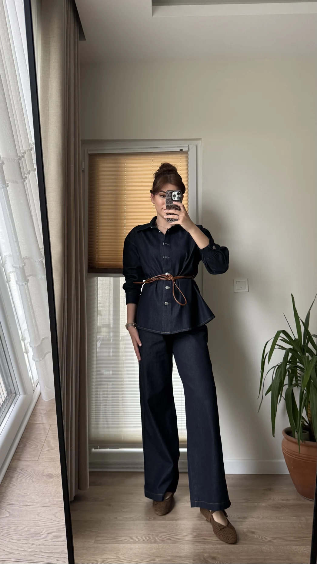 Denim Deri Kuşaklı Takım
