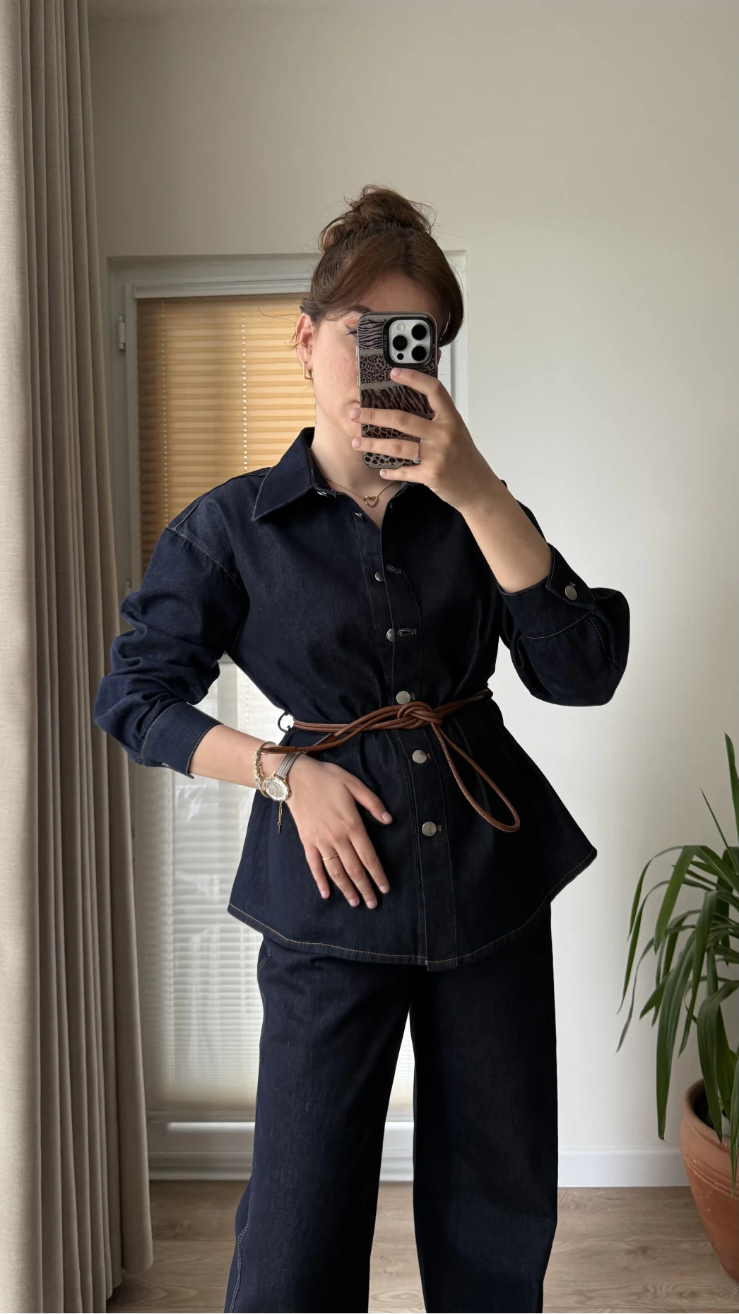 Denim Deri Kuşaklı Takım
