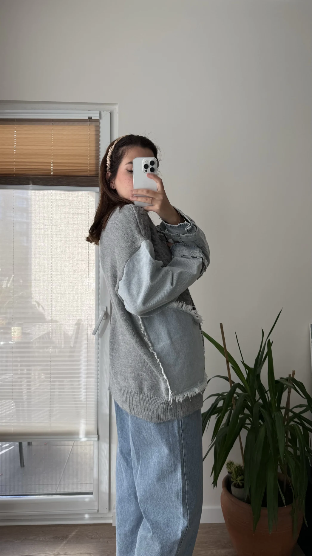 Denim Detay Gri Hırka