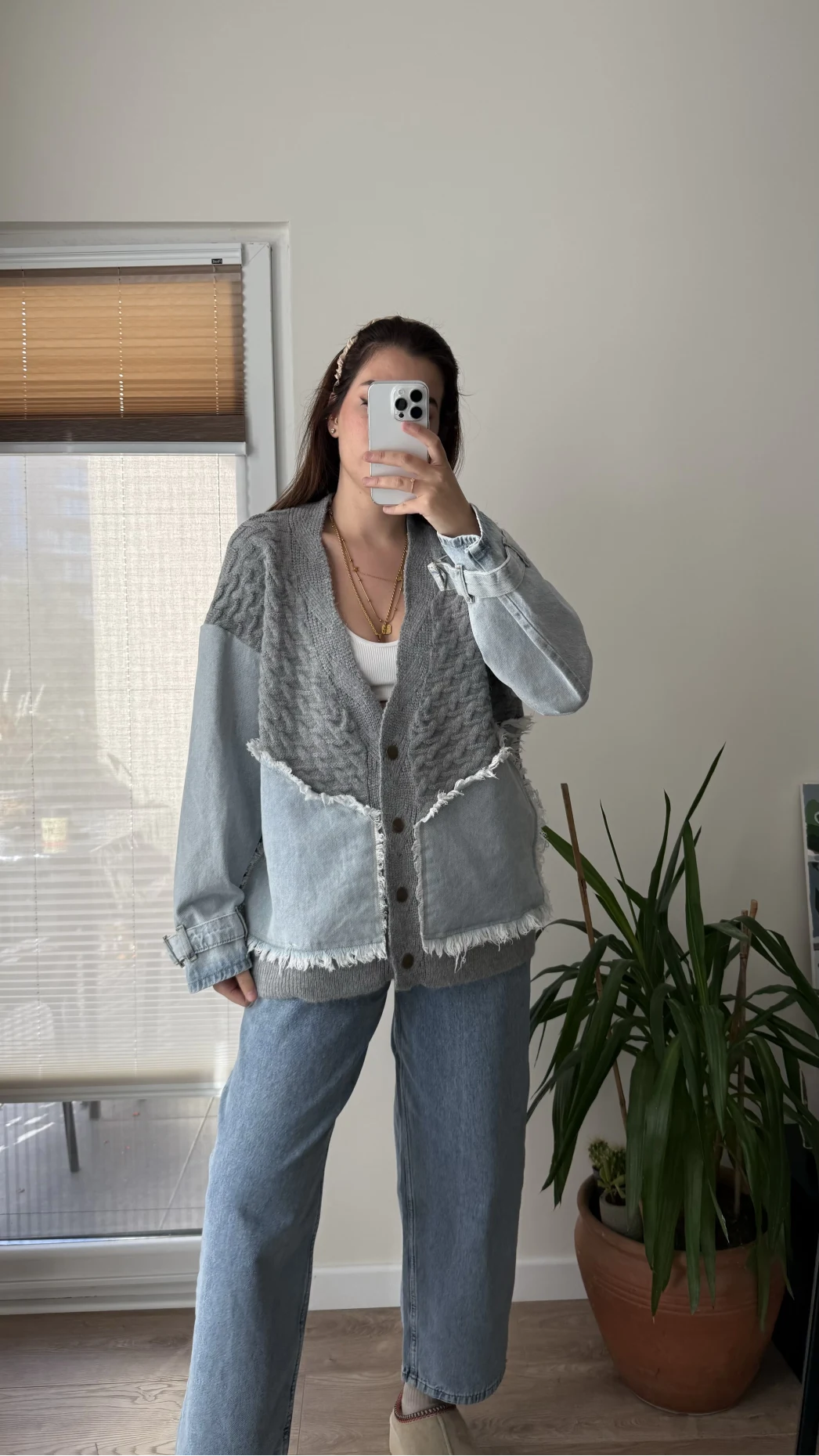 Denim Detay Gri Hırka