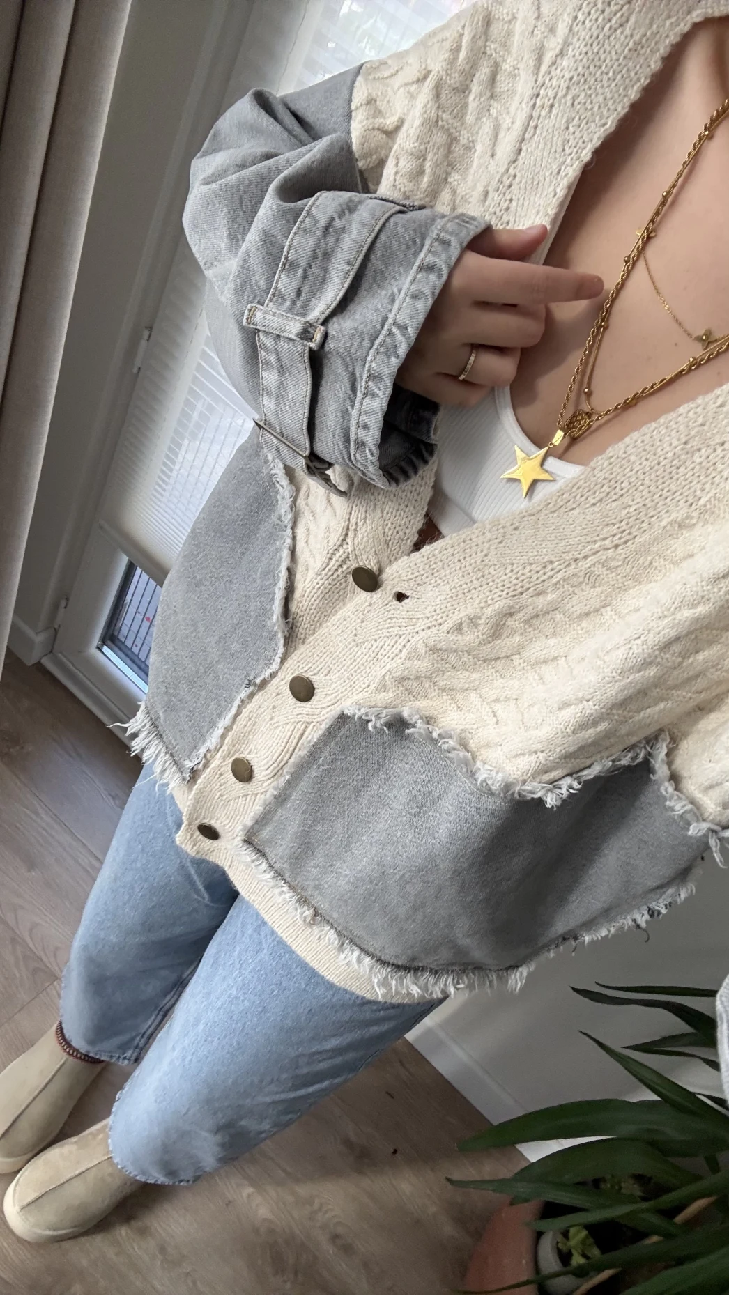 Denim Detay Krem Hırka