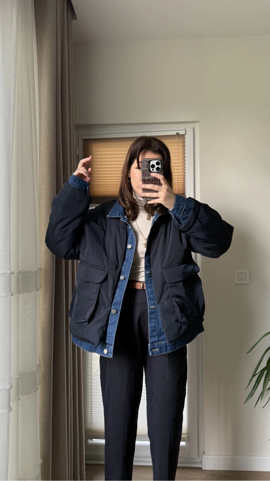 Denim Detay Şişme Mont Lacivert