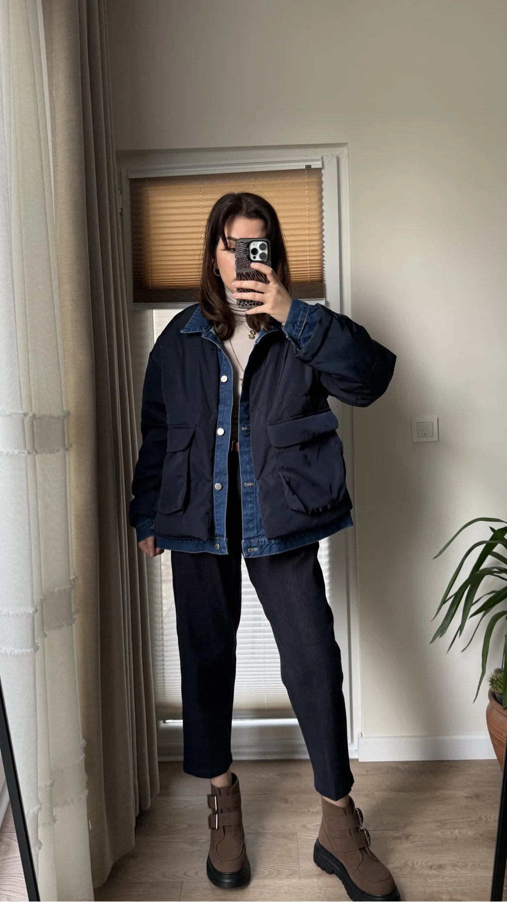 Denim Detay Şişme Mont Lacivert